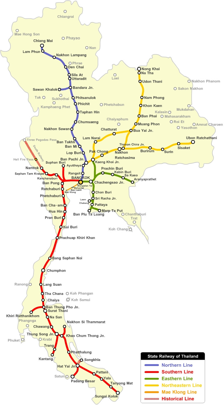Thailand’s high-speed lines will be based on its existing rail network, with the northern lines running to Chiang Mai and Nong Khai (JohoMaps)