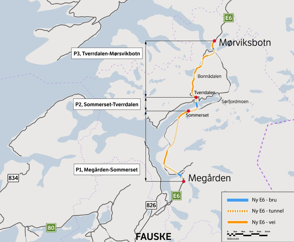 The three stages of the E6 Megården-Mørsvikbotn overhaul (Norwegian Public Roads Administration)